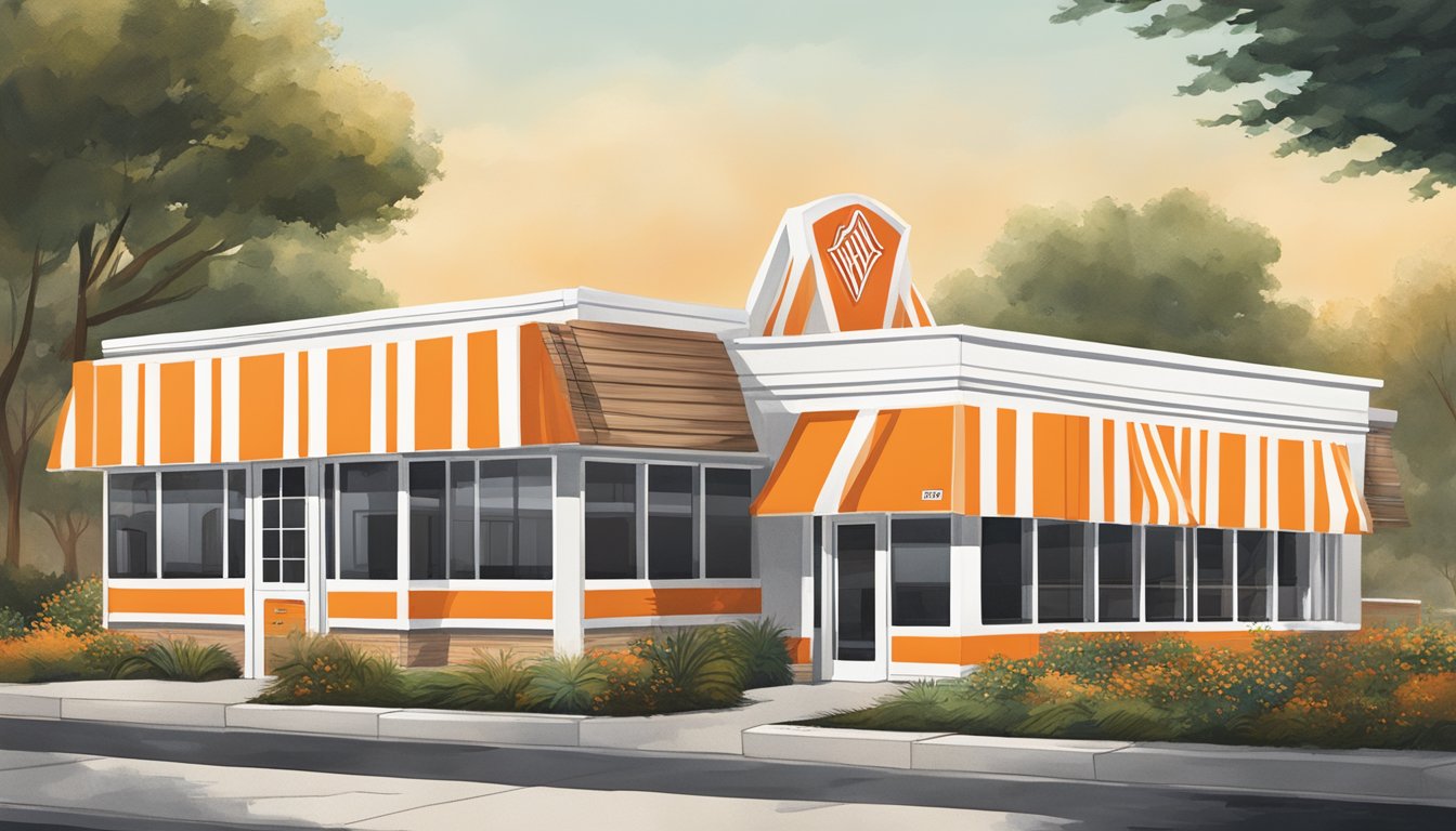 A classic Whataburger building with iconic orange and white stripes, surrounded by modern landscaping and outdoor seating