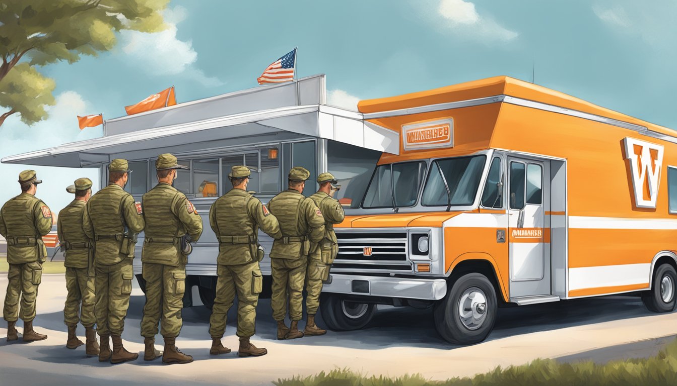 A Whataburger food truck parked at a Texas military base, with soldiers lined up to order and a busy staff preparing burgers and fries