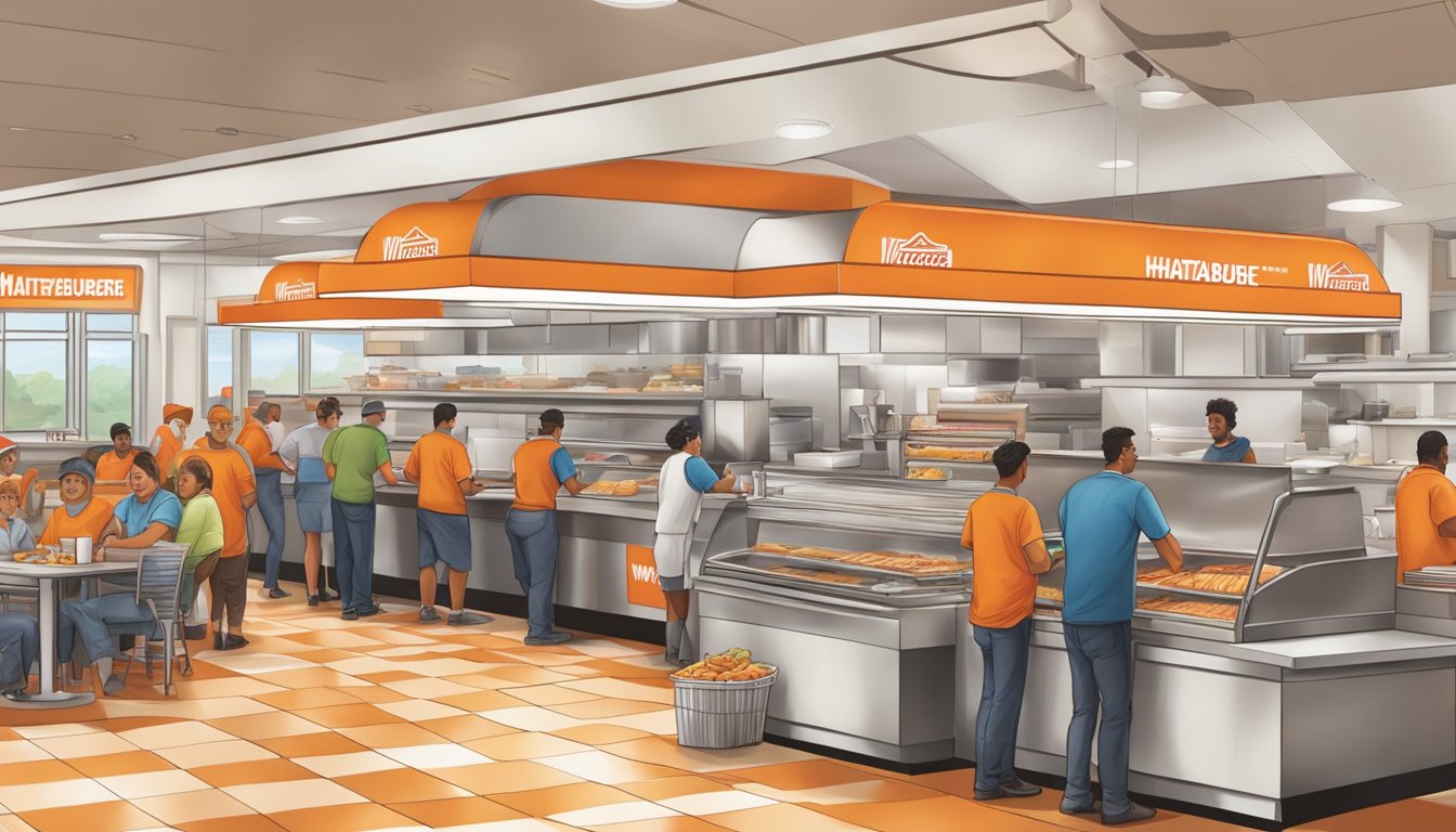 A bustling Whataburger restaurant with a line of customers, while in the background, workers are busy preserving and preparing Texas food ingredients