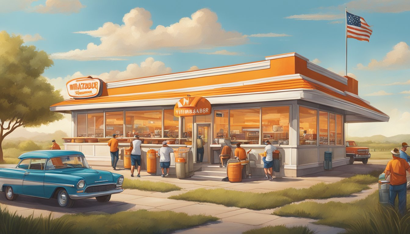 A bustling Whataburger restaurant surrounded by iconic Texas landscapes, with locals enjoying classic menu items and chefs showcasing traditional food preservation methods