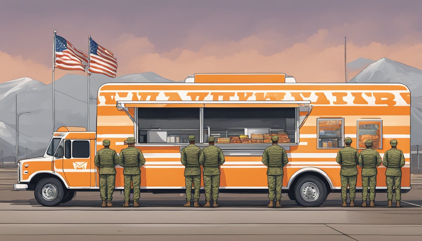 A Whataburger food truck parked in front of a military base, with soldiers lining up to order meals