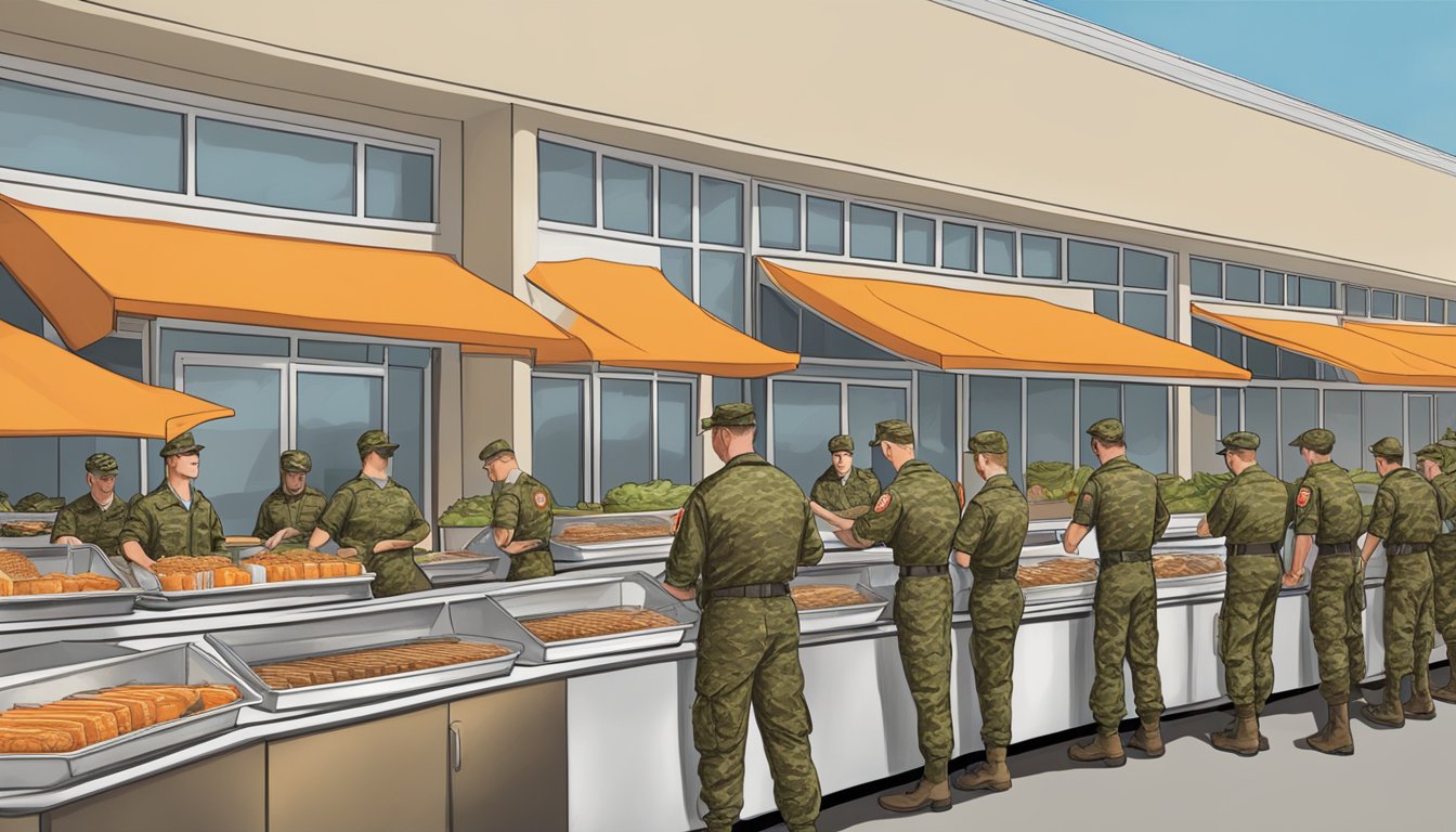 A line of military personnel eagerly receiving their Whataburger meals at a Texas military base dining facility