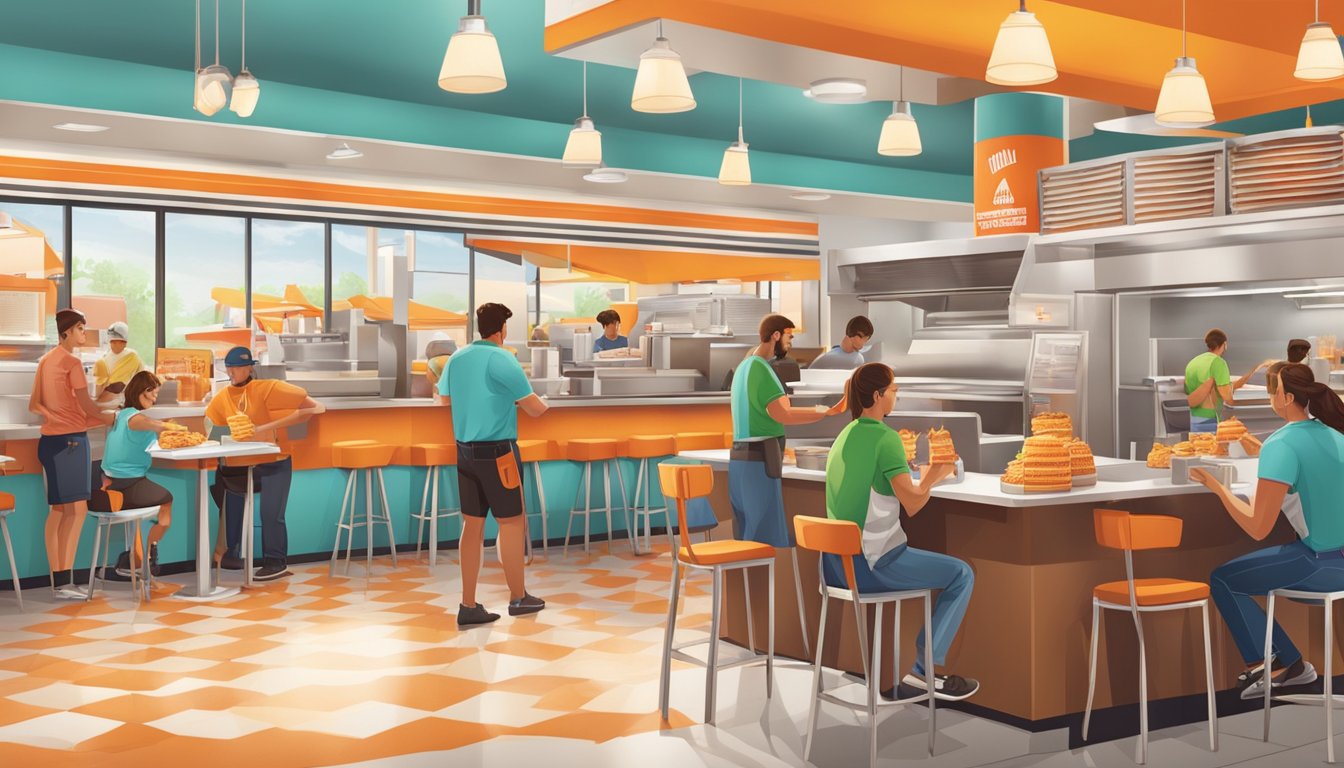 A bustling Whataburger restaurant with workers grilling burgers and frying fries, while customers enjoy their meals at brightly colored booths