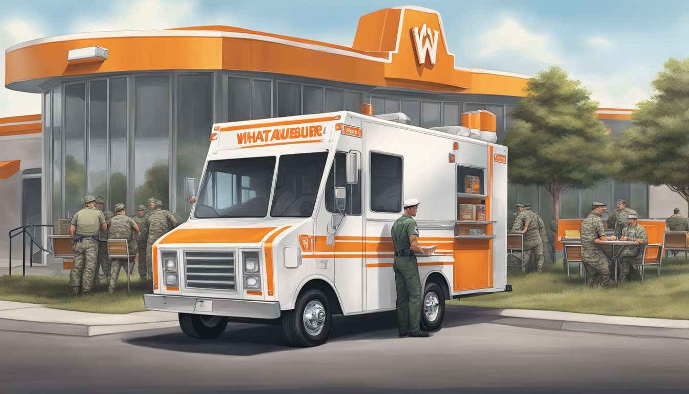 A Whataburger food truck parked outside a Texas military base, serving burgers and fries to uniformed personnel