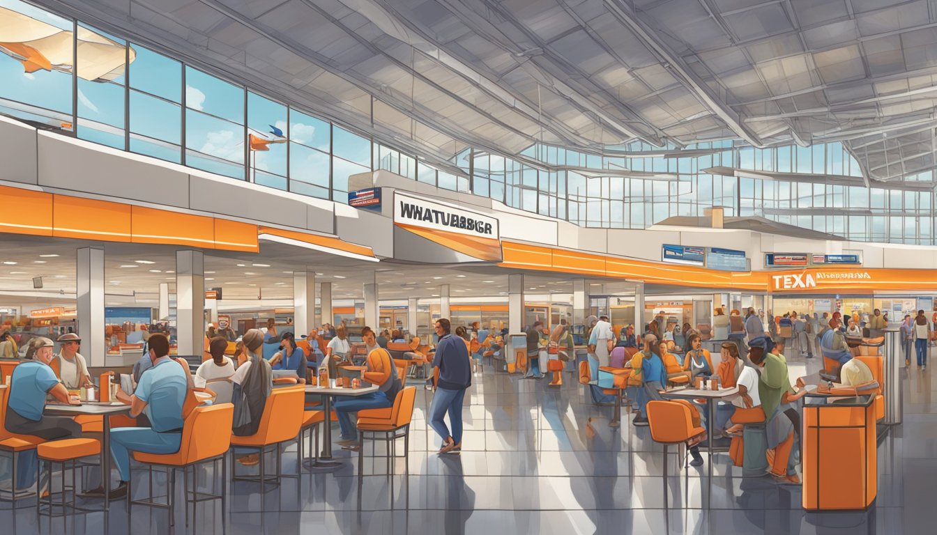 A bustling Texas airport terminal with a prominent Whataburger restaurant, filled with travelers enjoying their meals and soaking in the iconic Texan atmosphere