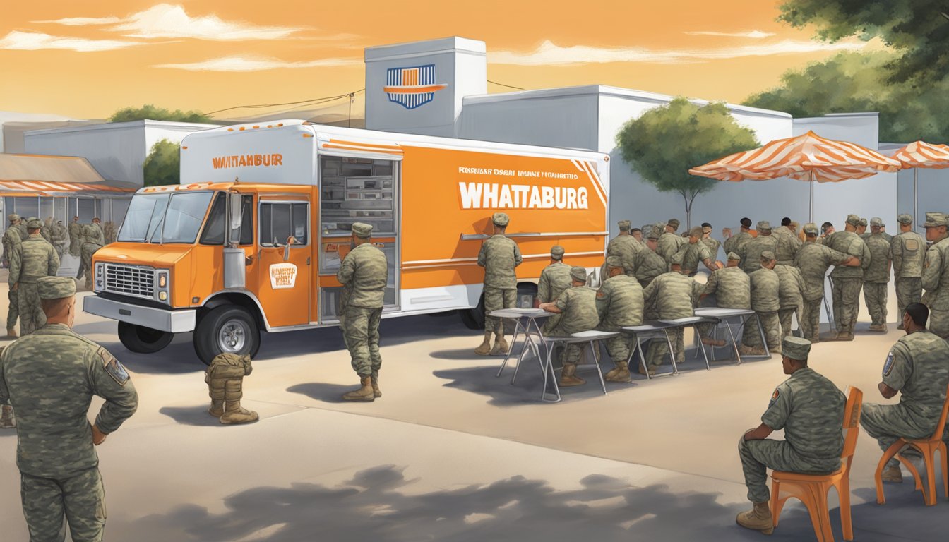 A Whataburger food truck parked at a military base, serving meals to service members. The base is bustling with activity, with soldiers lined up to receive their meals