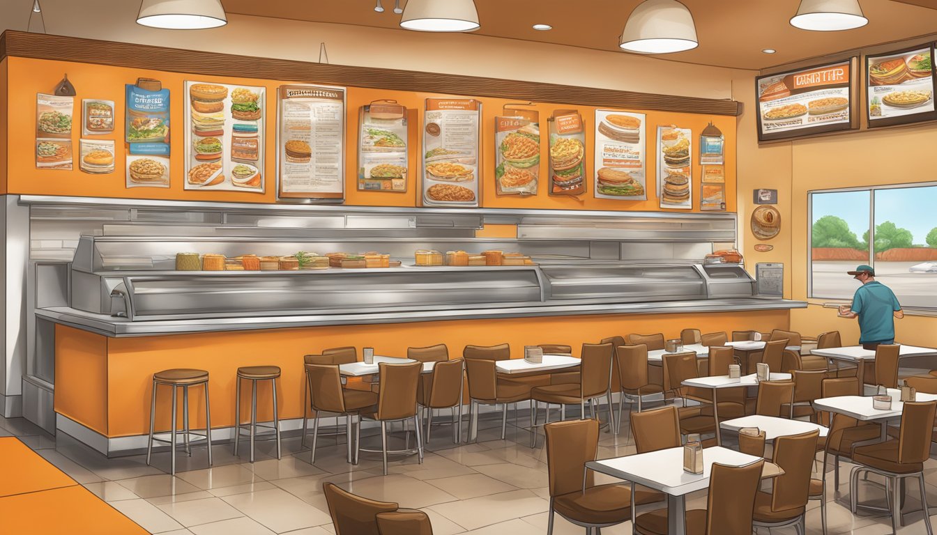 A bustling Whataburger restaurant with a menu board showcasing innovative dishes and Texas favorites. Unique preservation techniques on display