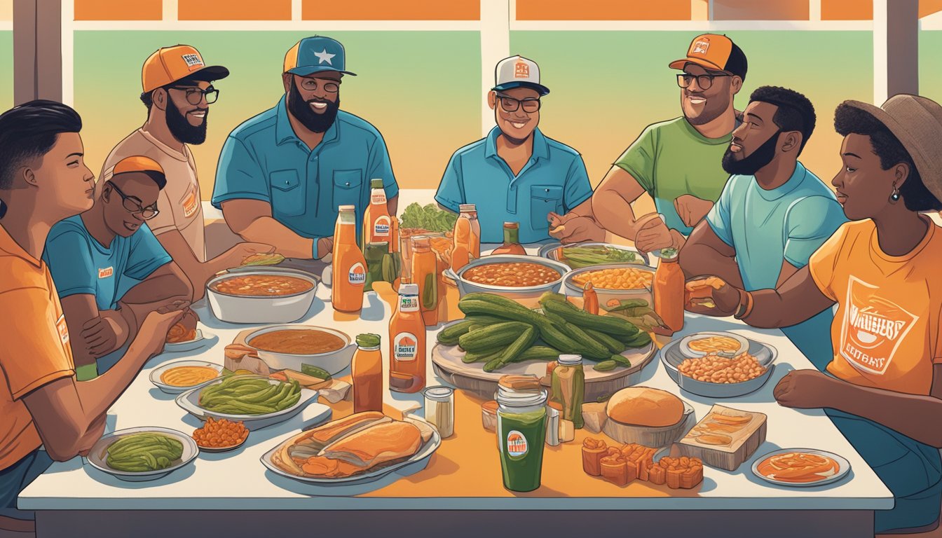 A group of people in Texas gather around a table filled with preserved food items, all bearing the Whataburger logo. The items range from pickles to hot sauce, showcasing the cult following and brand loyalty surrounding the fast-food chain