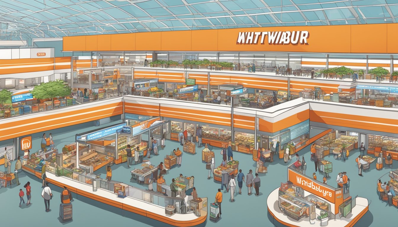 A bustling airport terminal with a prominent Whataburger sign, surrounded by various food stalls and travelers enjoying their meals