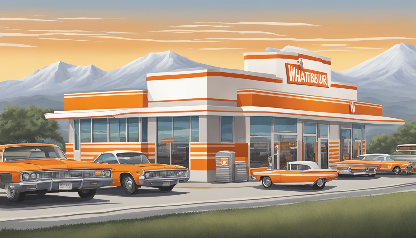 A bustling Whataburger restaurant with a line of cars at the drive-thru, iconic orange and white striped building, and the Texas landscape in the background