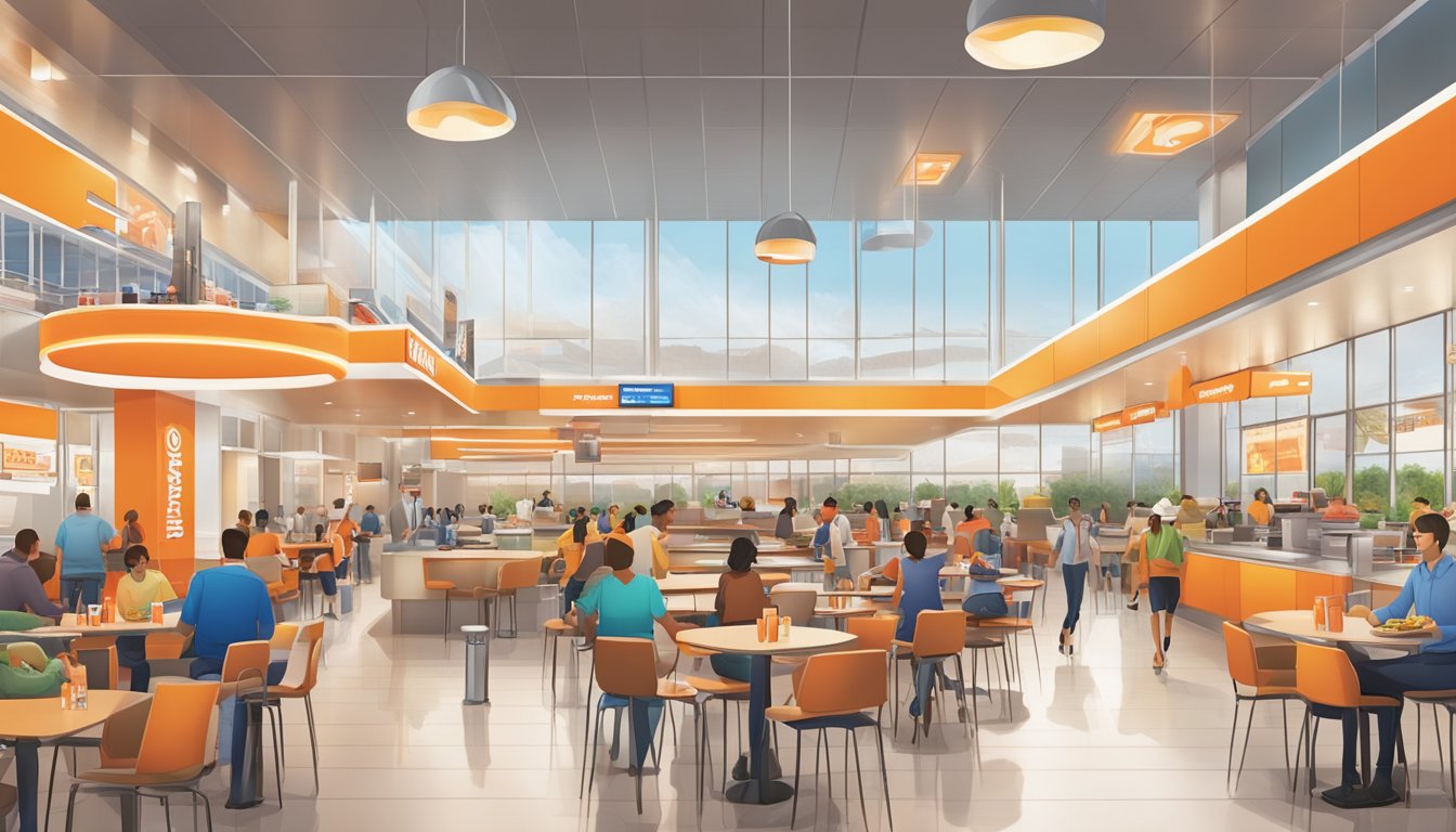 A bustling airport food court with a prominent Whataburger outlet, featuring a modern and efficient design, with customers enjoying their meals at sleek, high-top tables