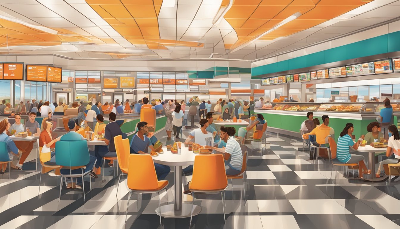 A bustling airport food court with a Whataburger restaurant, filled with travelers enjoying their meals amidst the lively atmosphere and comfortable seating