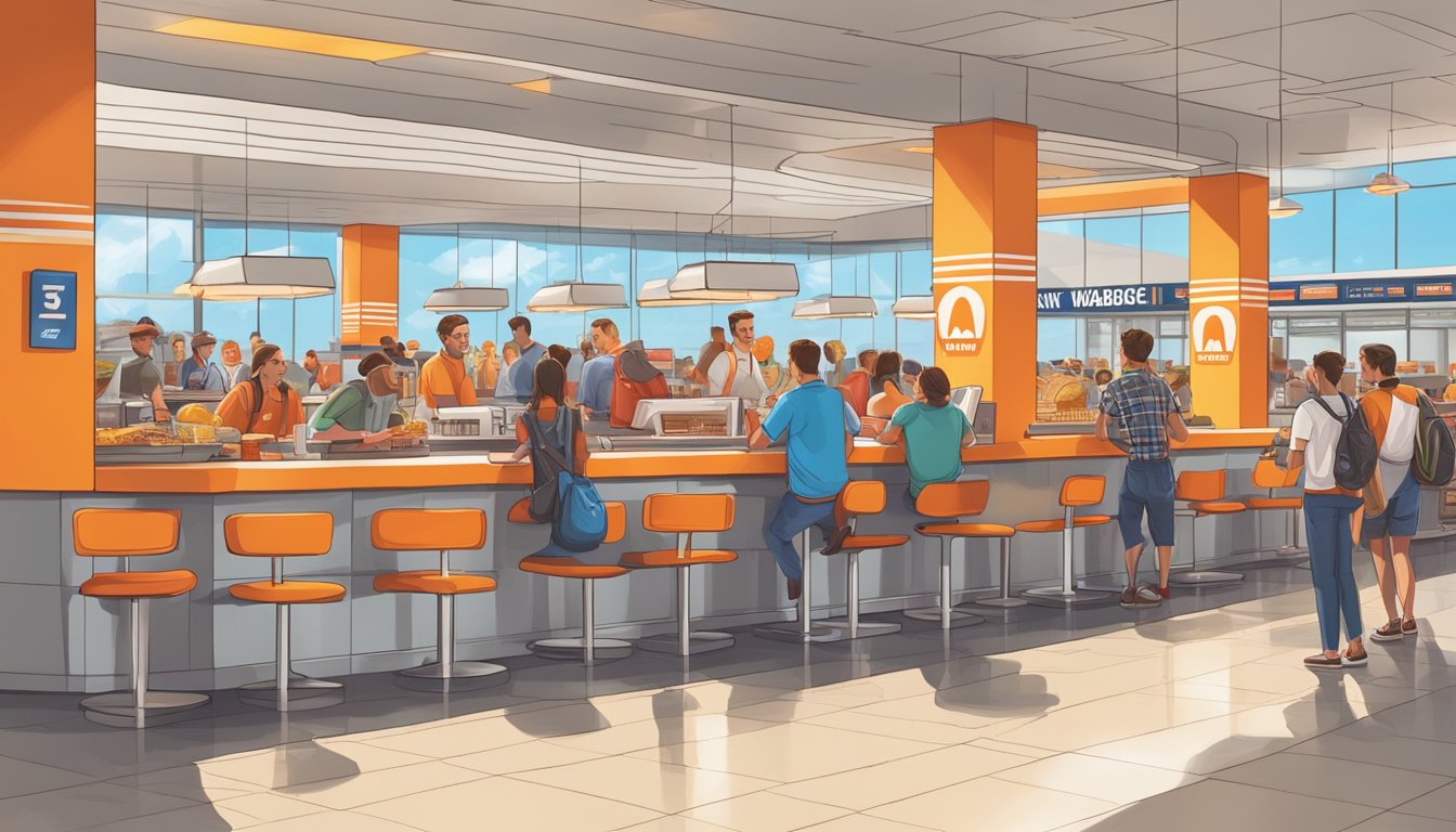 A bustling airport food court with a Whataburger stand surrounded by travelers enjoying burgers, fries, and drinks