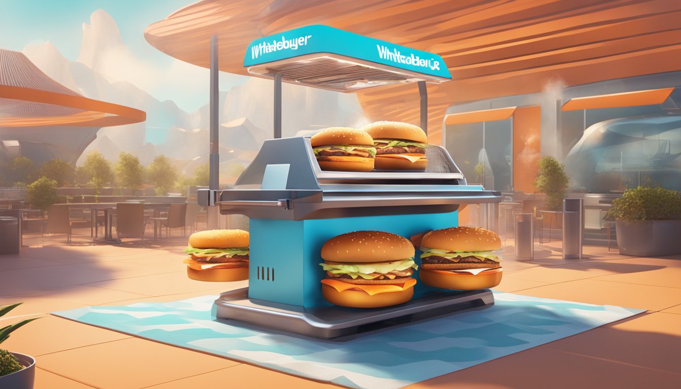 A virtual reality scene showing a digital Whataburger being flipped on a grill, surrounded by a futuristic and immersive environment