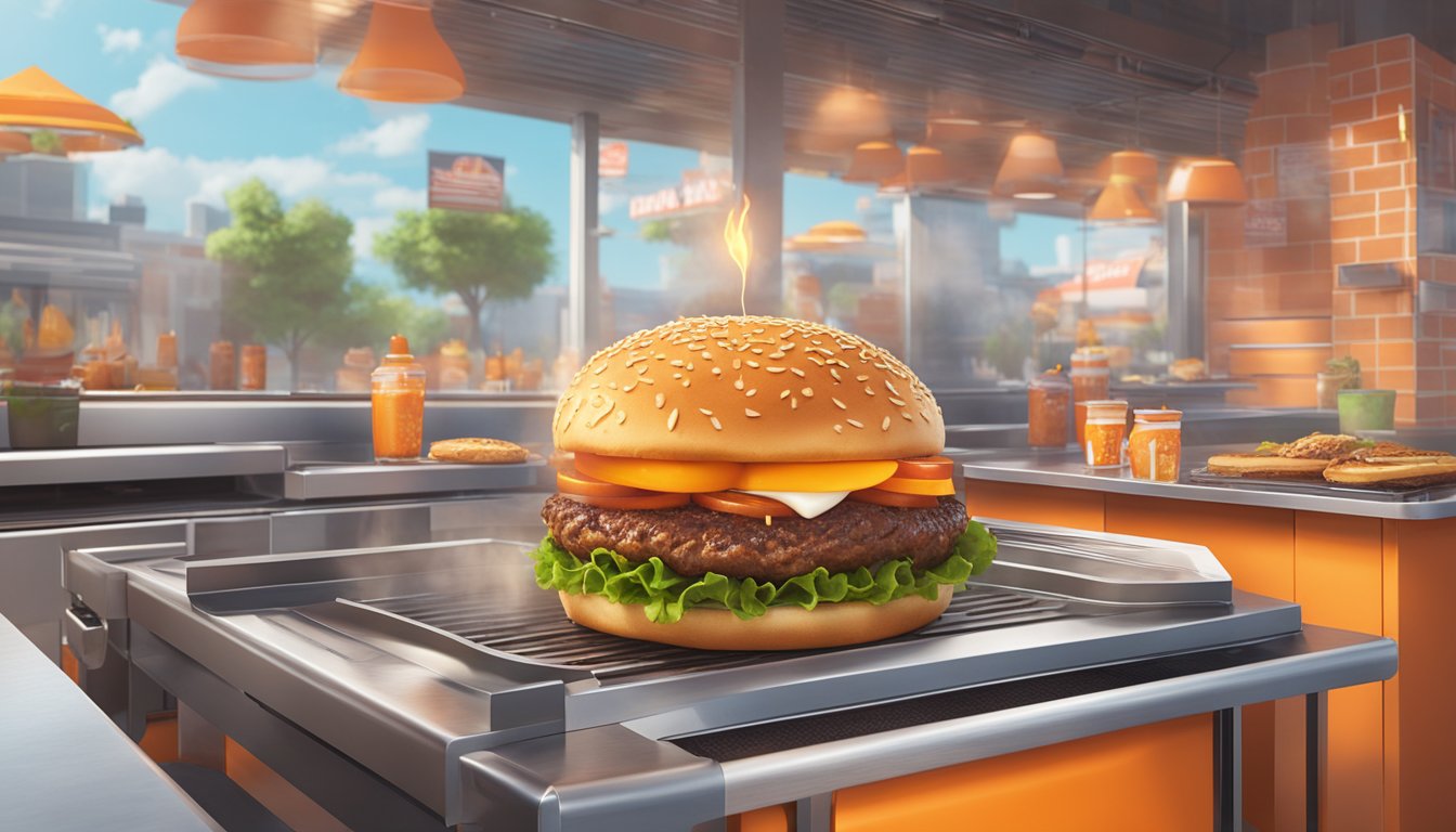 A virtual reality scene of a digital burger being flipped on a Whataburger-inspired grill, with sizzling sounds and realistic cooking animations