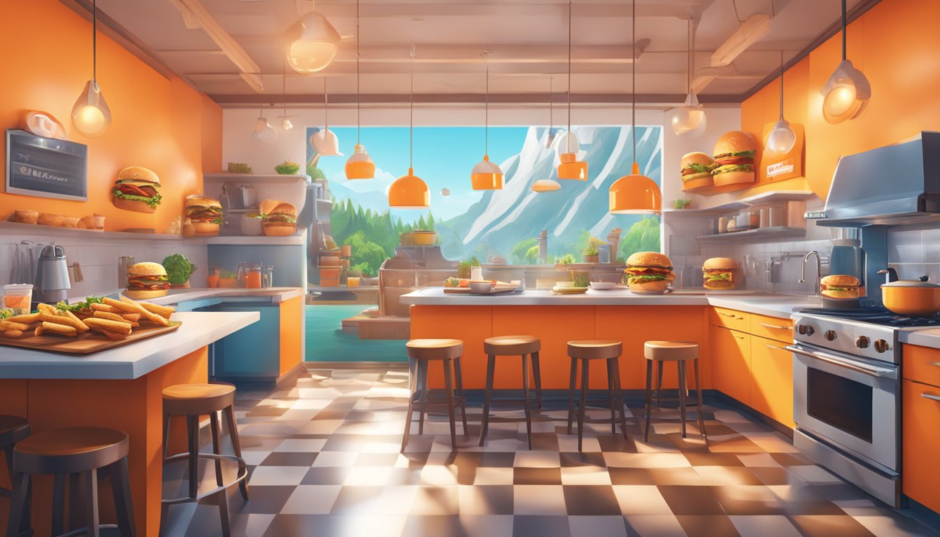 A virtual reality scene with a Whataburger-inspired kitchen, digital burgers flipping on a sizzling grill, and a Fortnite-themed backdrop