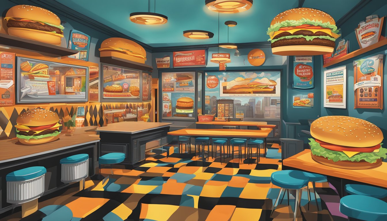 A colorful and vibrant escape room filled with giant burger and fry puzzles, vintage fast food memorabilia, and a timeline of Whataburger's history