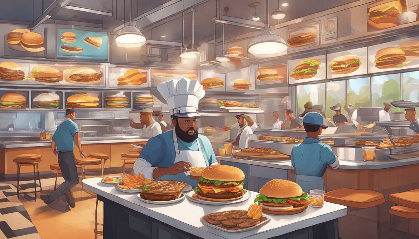 A bustling virtual kitchen with sizzling griddles, towering burger toppings, and players frantically flipping digital patties in a Whataburger-inspired VR game