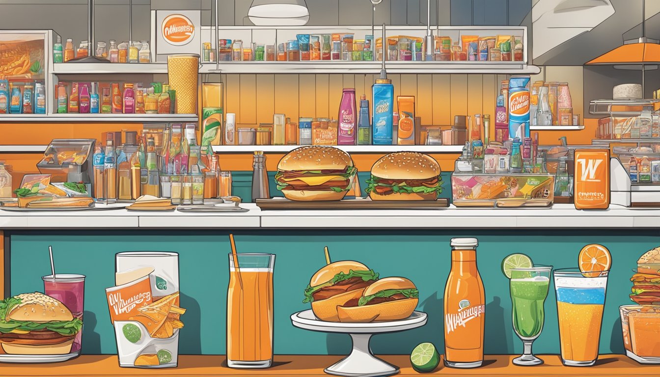 A colorful array of cocktail ingredients and fast food items spread out on a bar counter, with Whataburger's iconic orange and white packaging in the background