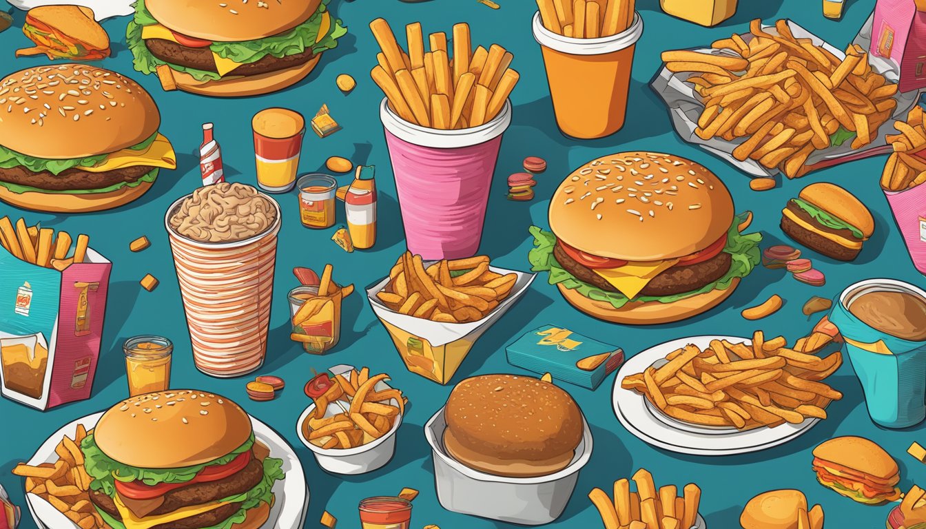 A colorful and chaotic fast food-themed escape room, filled with oversized burger and fry props, vintage Whataburger memorabilia, and historical fast food puzzles