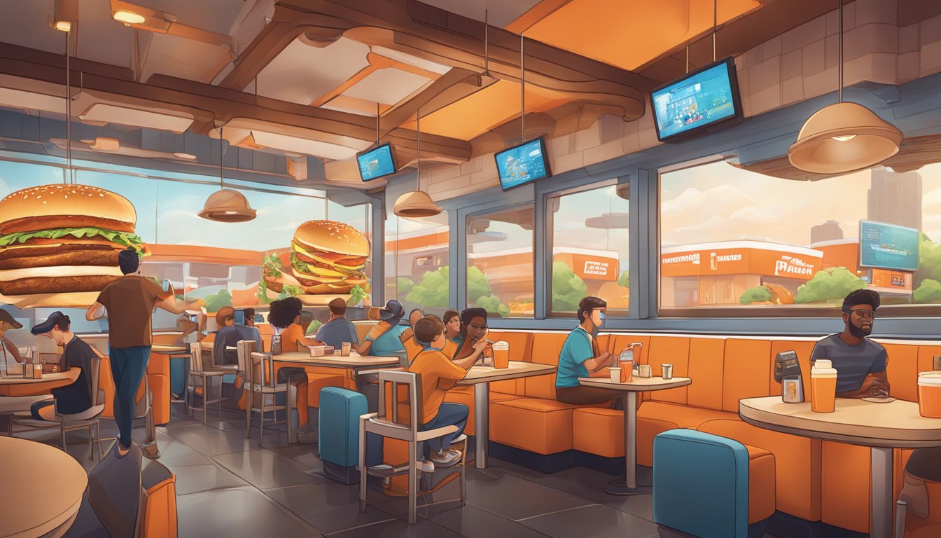 A bustling Whataburger restaurant with digital burgers flipping in a virtual reality setting, capturing the immersive experience of "Breakfast in Bedwars."