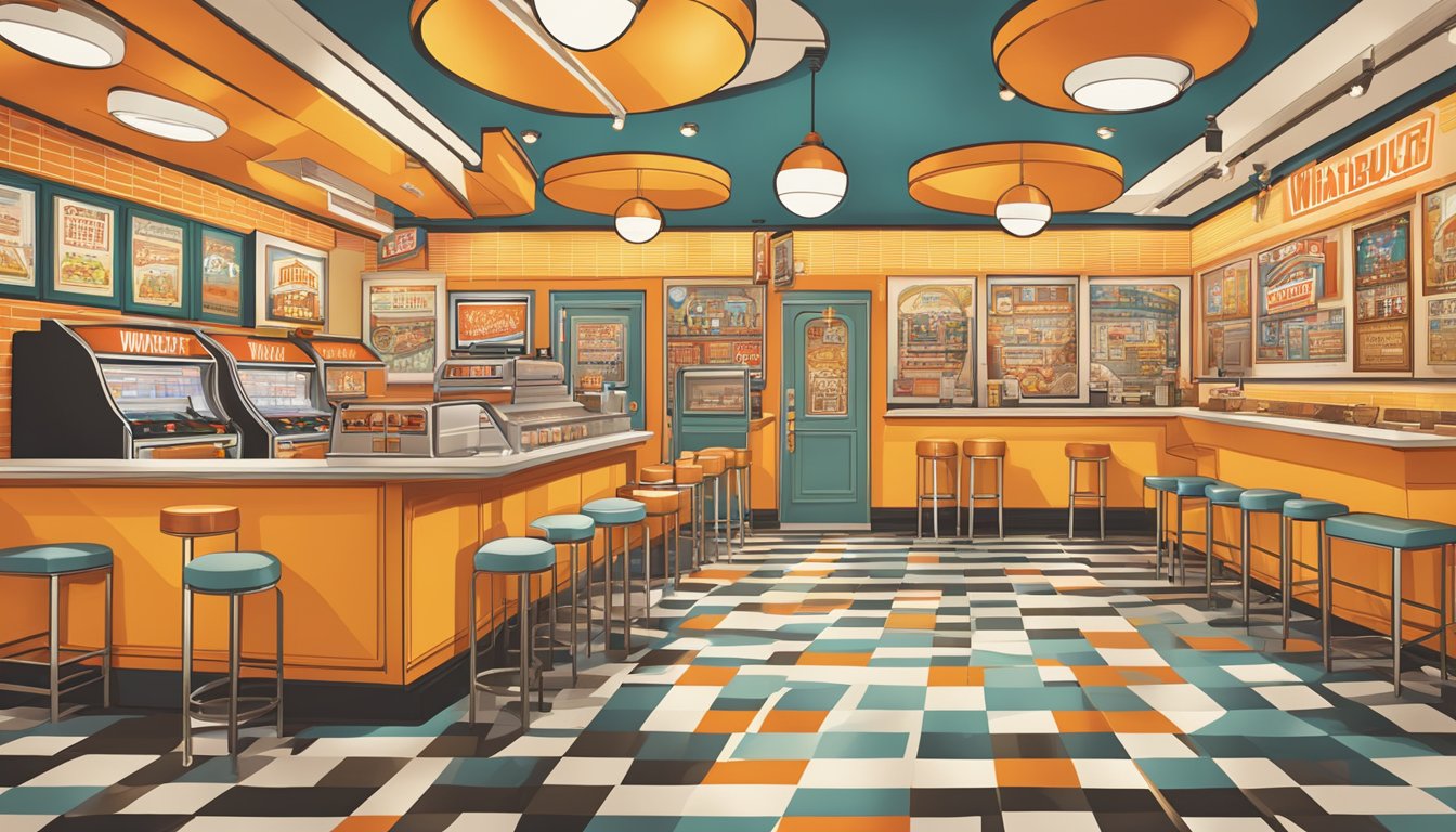 A retro-themed Whataburger restaurant with arcade games and vintage decor, surrounded by a maze of fast food history puzzles