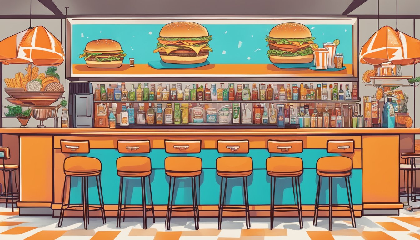 A colorful bar setup with Whataburger-themed cocktails, surrounded by iconic fast food imagery and ingredients