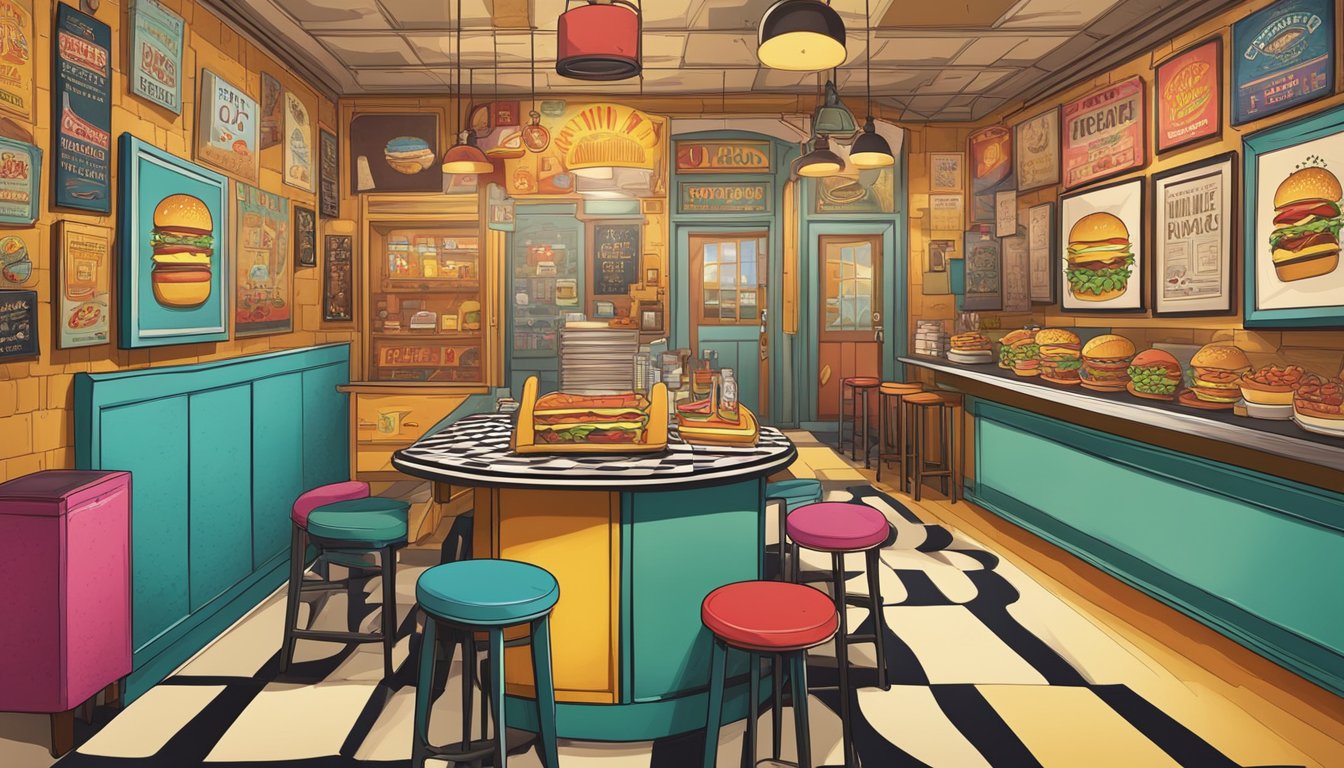 A colorful, retro-themed escape room with burger and fries puzzles, vintage decor, and whimsical fast food history illustrations adorning the walls