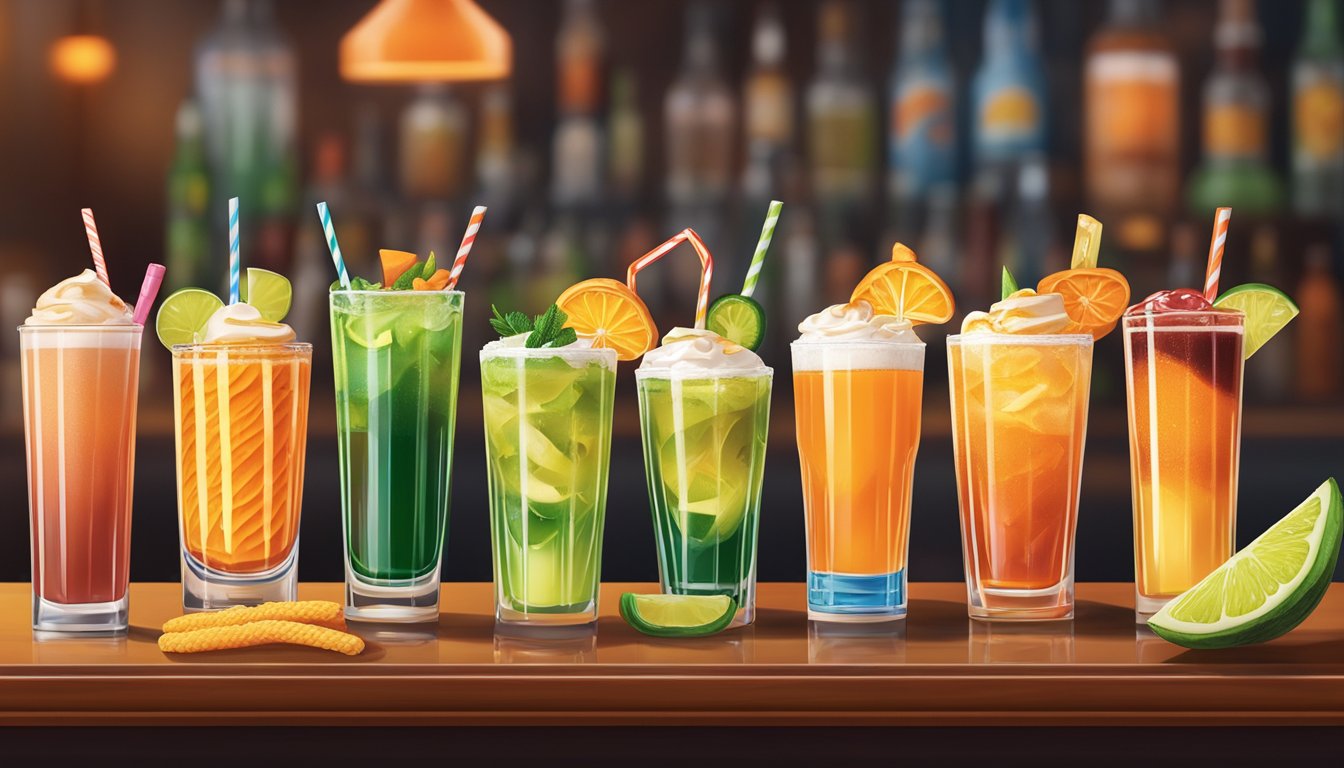 A colorful array of Whataburger-inspired cocktails lined up on a bar, each garnished with iconic fast food elements like pickles, onion rings, and spicy ketchup