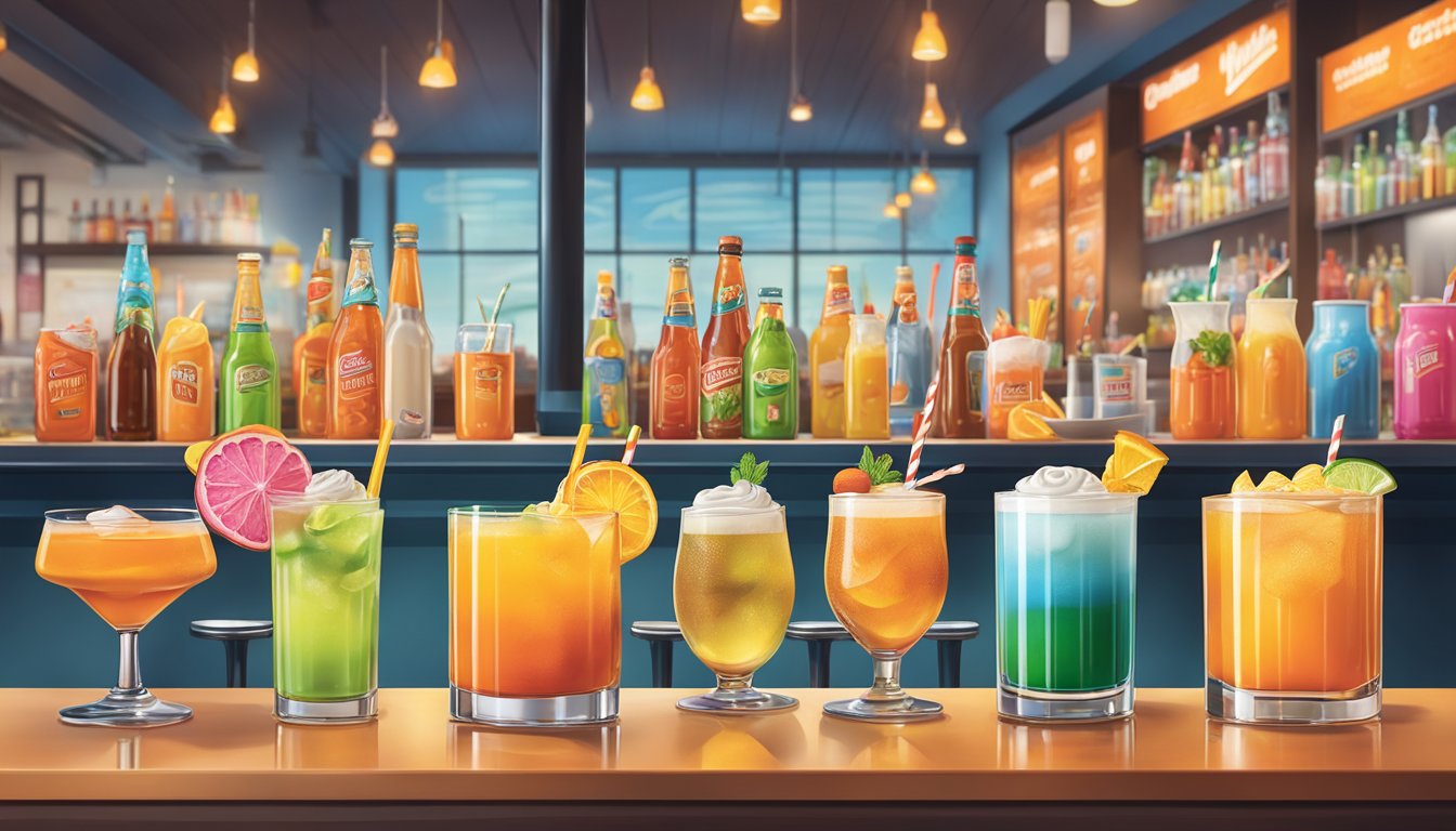 A colorful array of Whataburger-inspired cocktails, garnished with iconic fast food items, displayed on a sleek bar counter