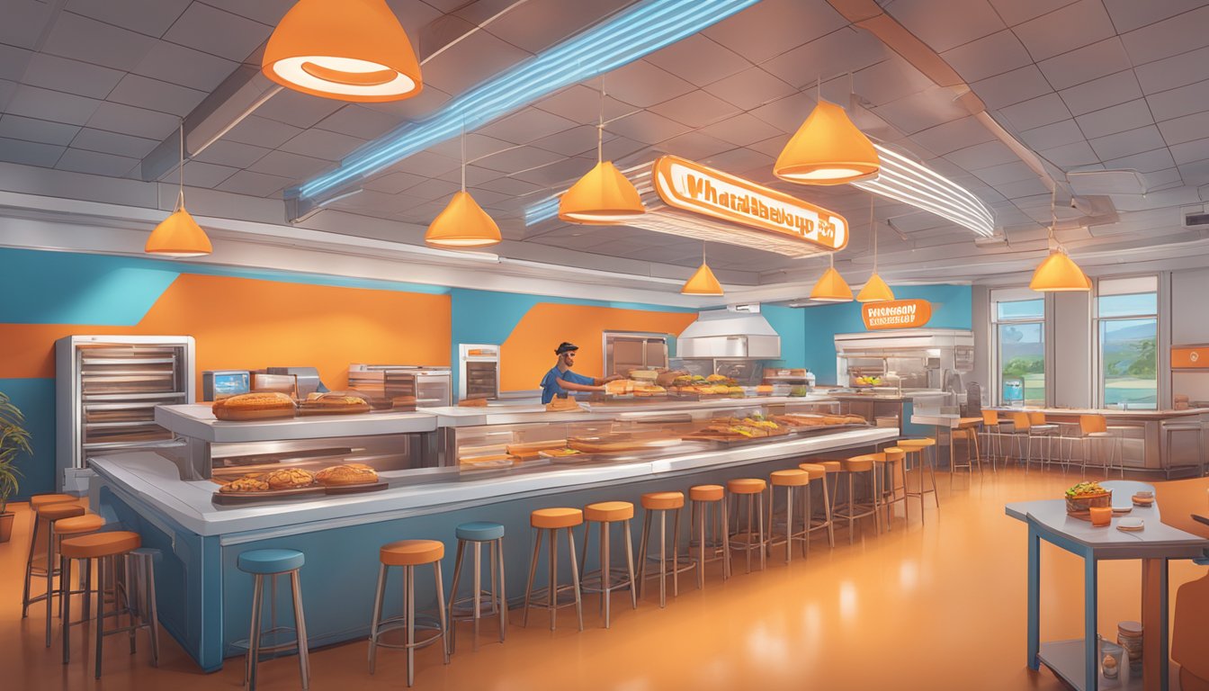 A virtual reality world with Whataburger-themed environment and digital burger flipping activity