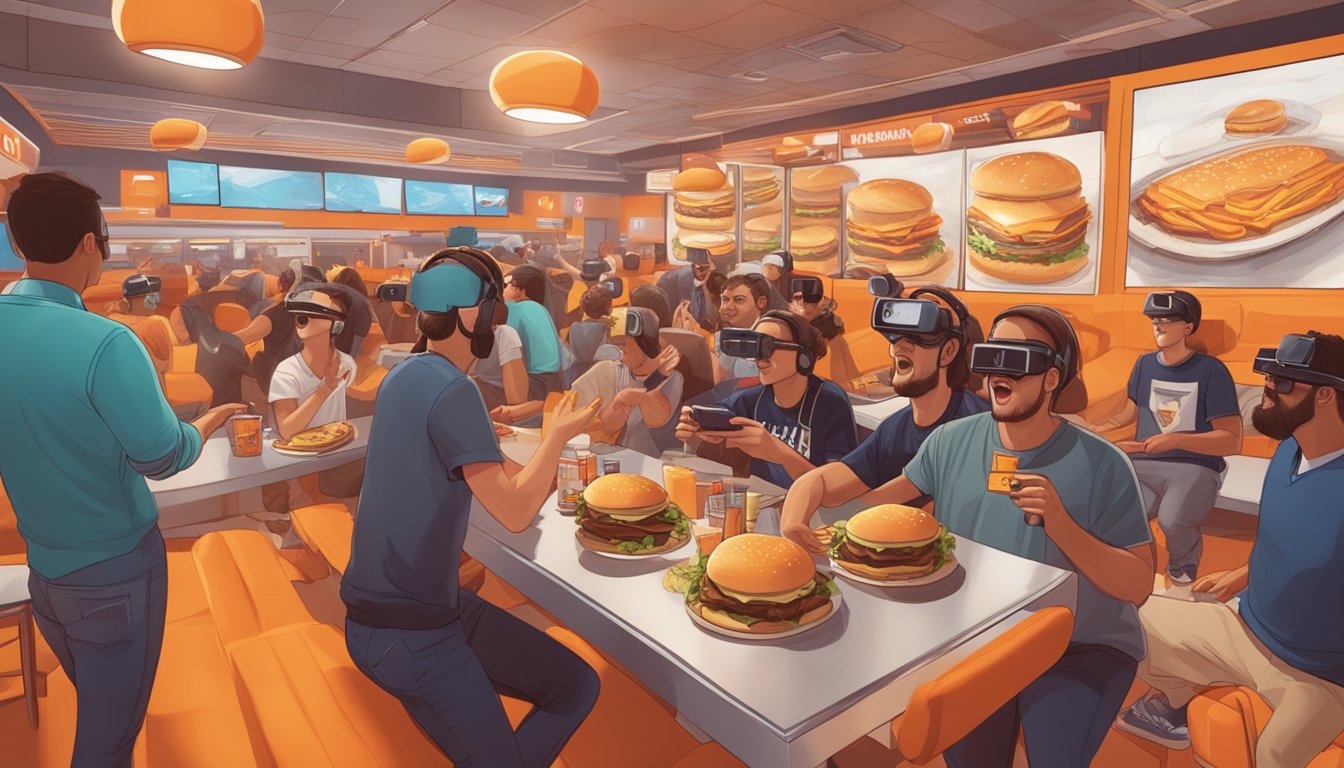 A virtual reality scene with gamers flipping digital burgers in a Whataburger-inspired environment, surrounded by engaged fans and immersive participation