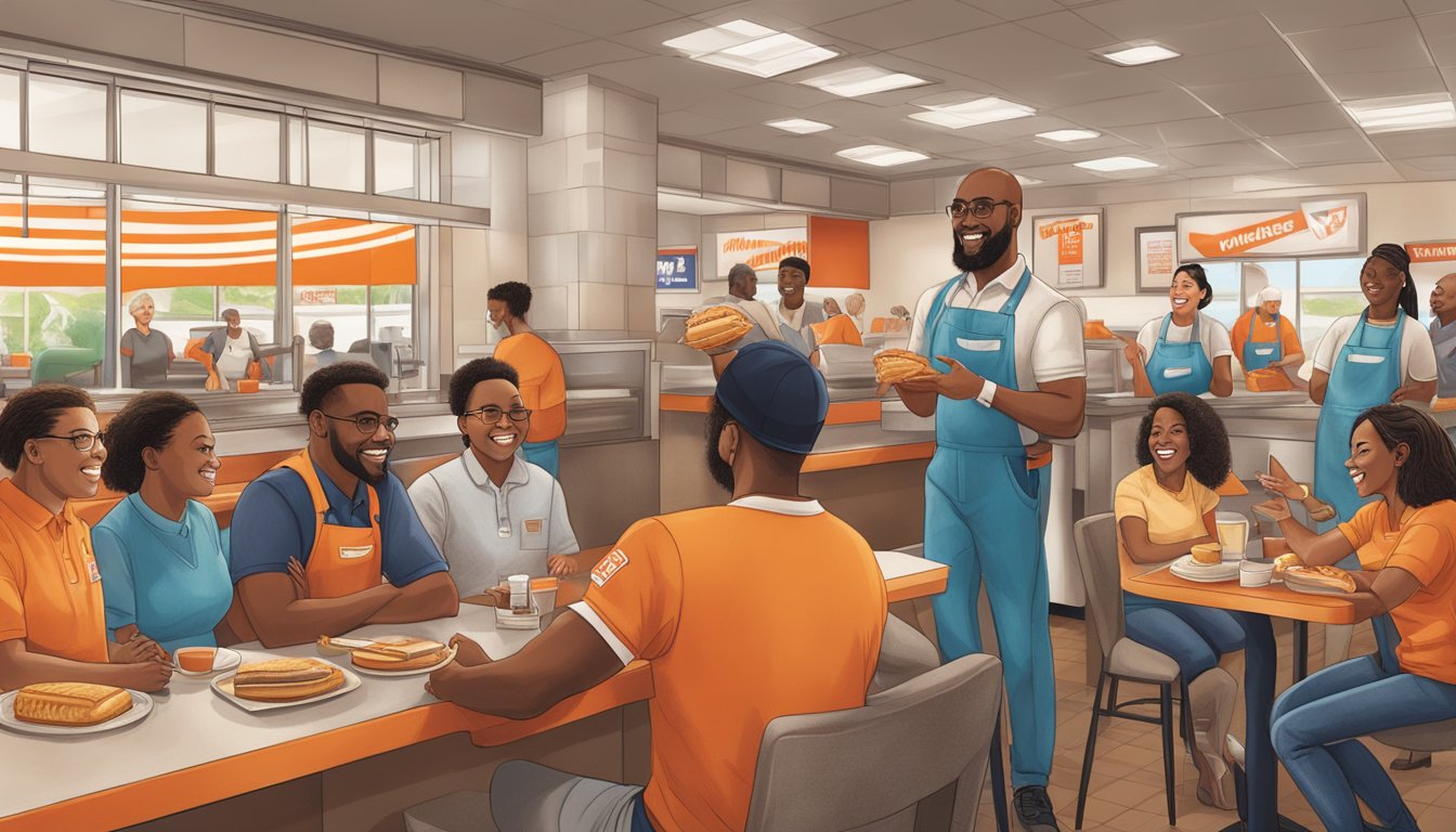 A diverse group of people from different backgrounds and abilities are gathered together, engaging in various job-related activities at a Whataburger restaurant in Texas