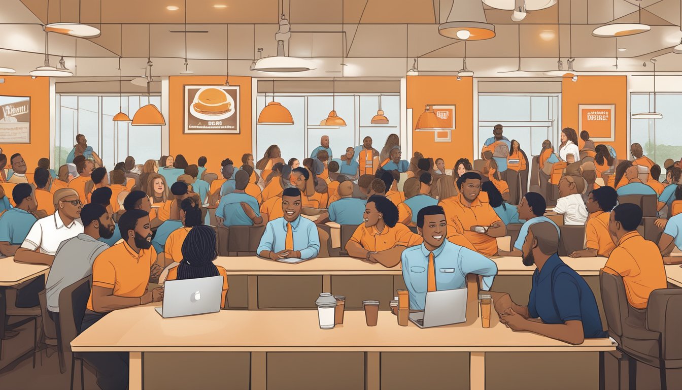 A diverse group of job applicants participating in a leadership training program at a Whataburger restaurant in Texas