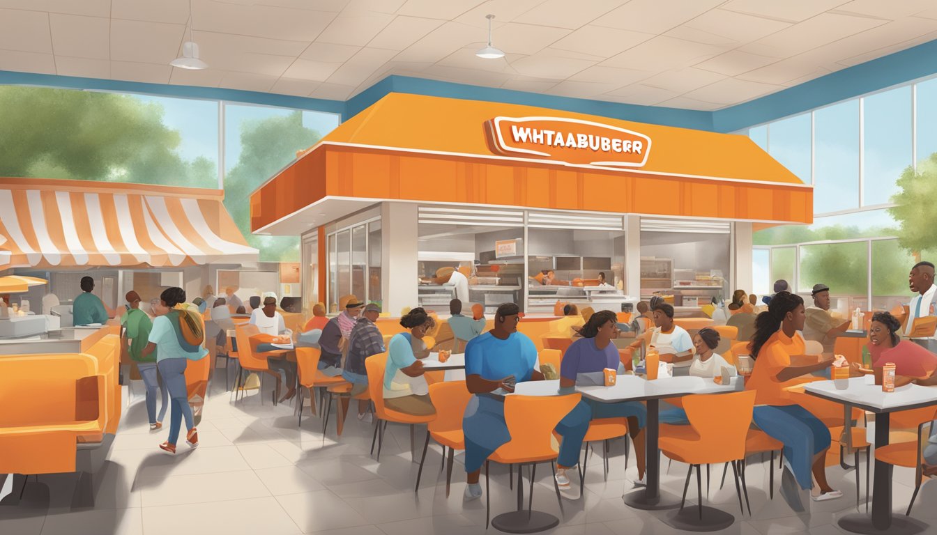 A bustling Whataburger restaurant with diverse Texas communities enjoying regional menu items