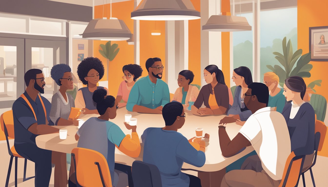 A diverse group of people of different ages, genders, and ethnicities are gathered around a table, engaged in a discussion. The Whataburger logo is prominently displayed in the background