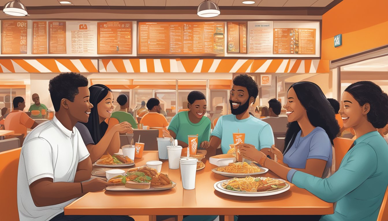 A diverse group of people enjoying a meal at a Whataburger restaurant, with menu translations and symbols representing various cultures