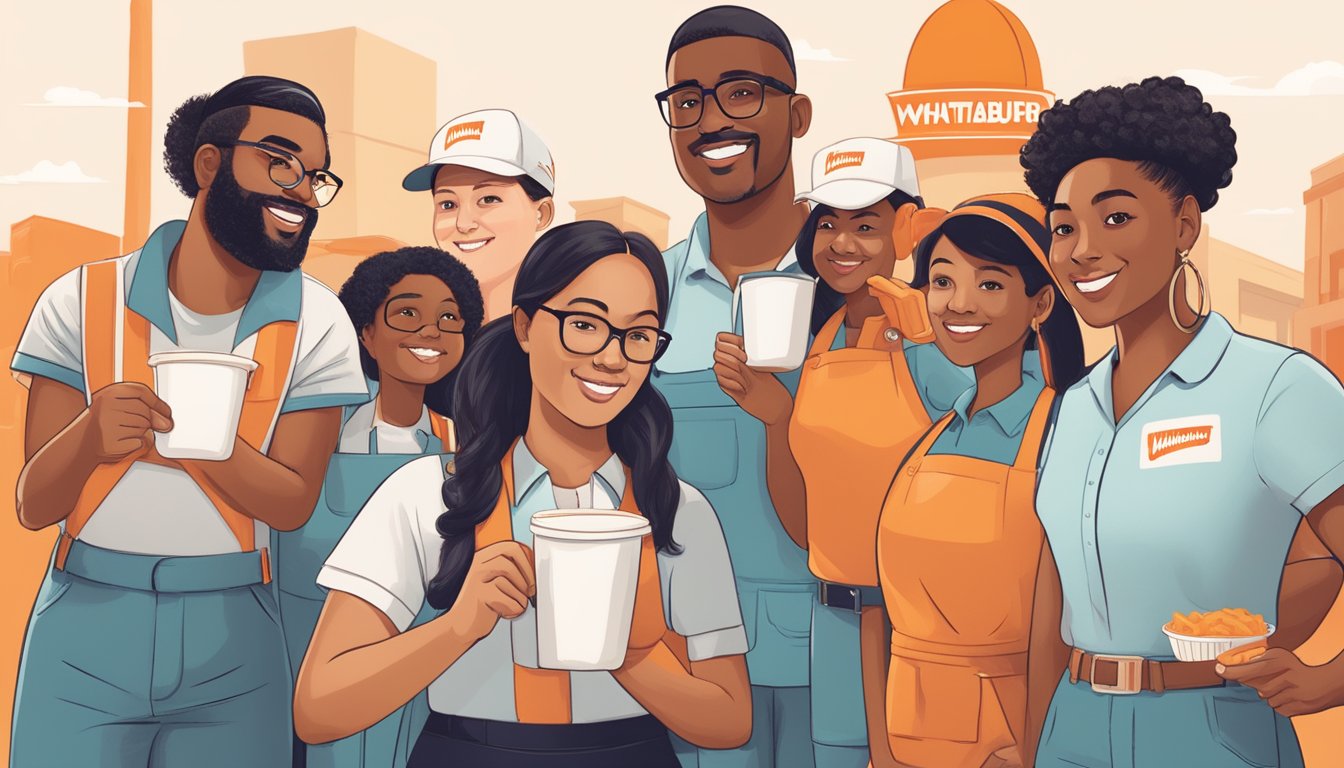 A diverse group of people from different backgrounds participating in a community outreach event hosted by Whataburger, showcasing their inclusive hiring practices in Texas