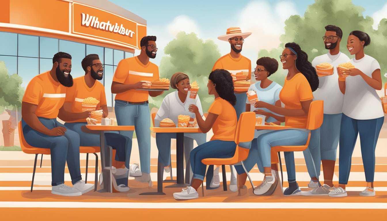 A diverse group of people from different Texas communities enjoying a variety of Whataburger menu items in a welcoming and inclusive atmosphere