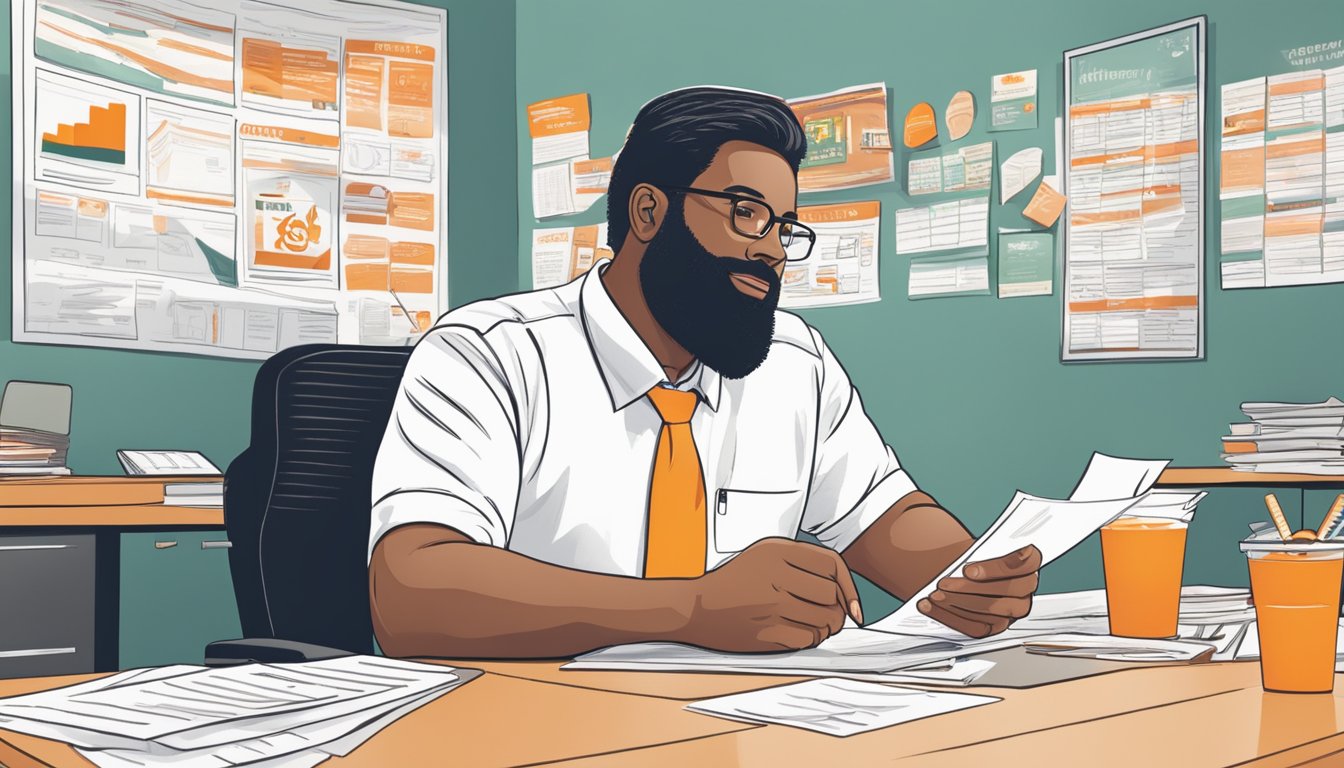 A potential franchisee sits at a desk, surrounded by financial documents and charts. A Whataburger representative stands nearby, offering guidance and support