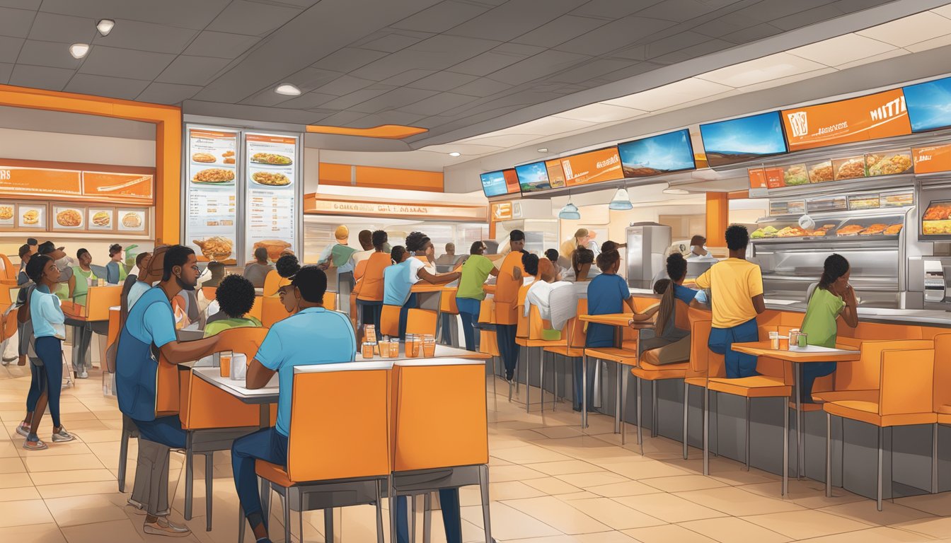 A bustling Whataburger restaurant with diverse Texas communities ordering from a multilingual menu board