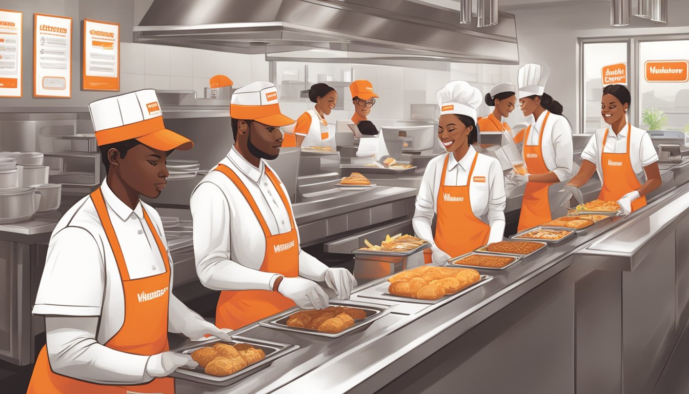 A diverse group of people working together in a clean and organized restaurant setting. All employees are wearing Whataburger uniforms and following safety protocols