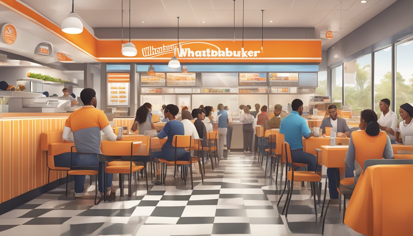 A bustling Whataburger restaurant with diverse customers ordering and enjoying their meals, while multilingual menu translations are prominently displayed