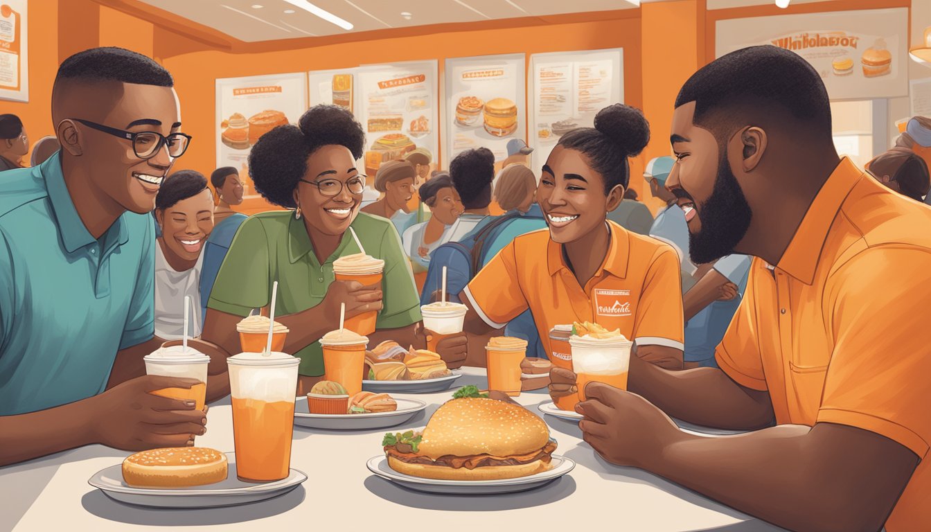 A diverse group of people enjoying Whataburger's beverages and desserts, with menus translated into different languages to accommodate Texas communities