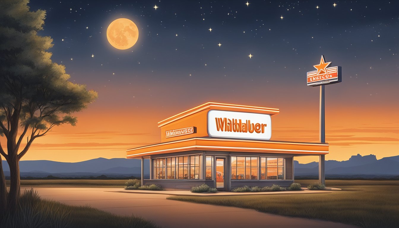 A lone lone star shines in the night sky, casting a warm glow over a sprawling Texas landscape. A towering Whataburger sign stands proudly, beckoning loyal customers with its iconic orange and white stripes