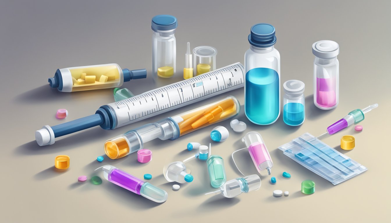 A syringe filled with weight loss medication hovers above a table, surrounded by vials and medical supplies