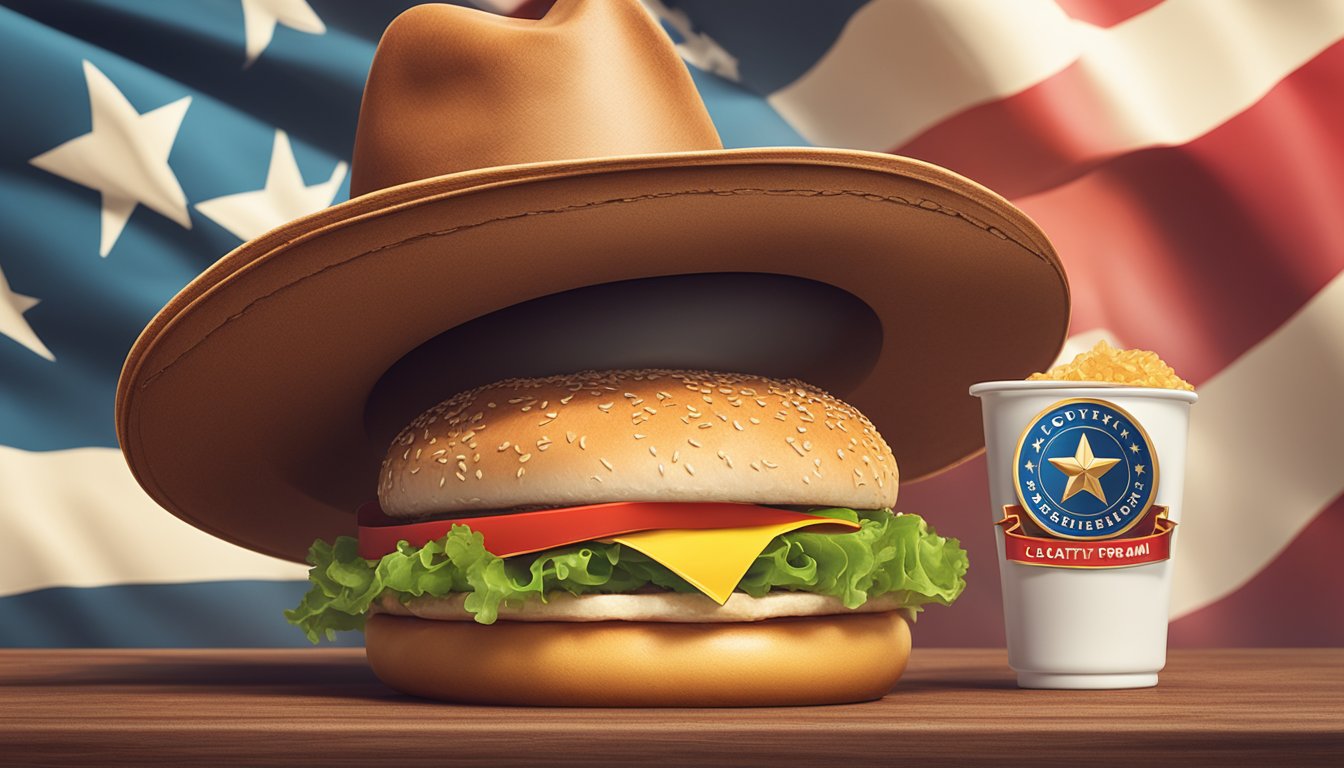 A cowboy hat and a lone star badge sit atop a sizzling burger with a banner reading "Loyalty Program" fluttering in the background