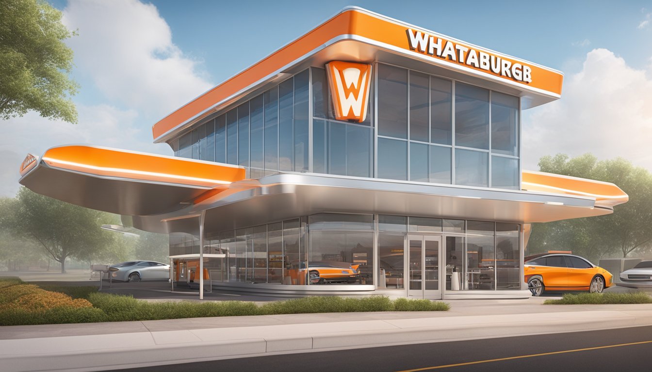 The Whataburger Time Machine: A futuristic Whataburger restaurant with advanced technology and sleek design, serving customers in 2050