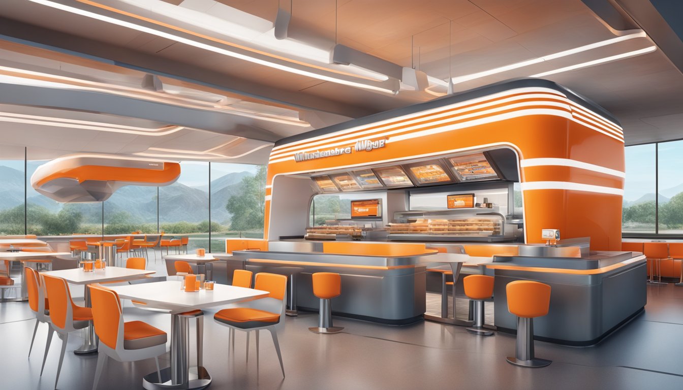 A futuristic Whataburger restaurant with advanced technology, sleek design, and flying delivery drones