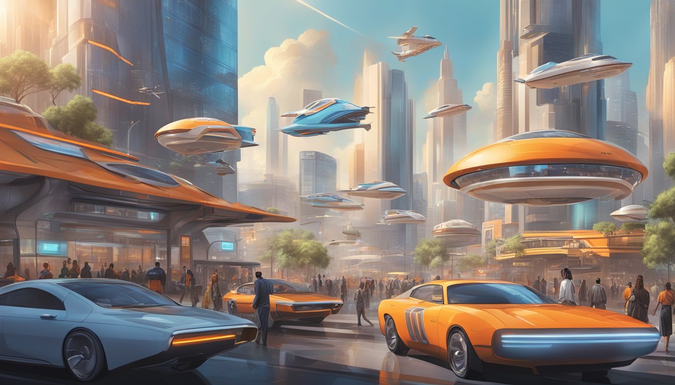 A bustling futuristic city with flying cars and towering Whataburger restaurants, showcasing the chain's continued influence and economic impact in 2050